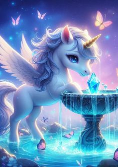 a painting of a unicorn drinking water from a fountain with butterflies around it and stars in the sky