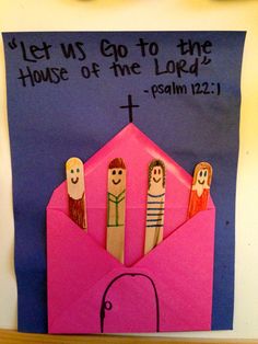 a pink envelope with three people sticking out of it and the words let us go to the house of the lord