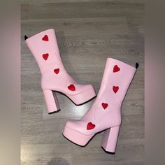 Sold Out Pink & Red Heart Boots. Personally I Think They Fit Like A 6.5. Small Scuff On Toe, Trying To Get Off Pink Gogo Boots, Heart Boots, Shoes Platform Boots, Dolls Kill Shoes, Gogo Boots, Shoes Platform, Pink Shoes, Platform Boots, Dolls Kill