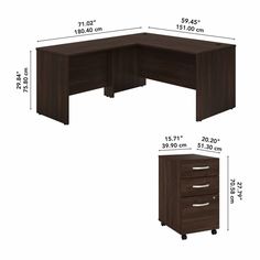 an l - shaped desk with two drawers is shown in the measurements for each piece