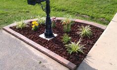 a mailbox sitting in the middle of a flower bed