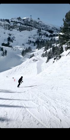 a person riding skis down a snow covered slope in the middle of winter time