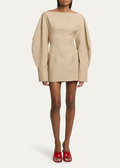 Jacquemus Casaco Open Back Belted Wool Mini Dress - Bergdorf Goodman Cocktail Jacket, Knitwear Fashion, Lingerie Romper, Boat Neckline, Designer Clothes For Men, Lantern Sleeve, Lingerie Sleepwear, Lantern Sleeves, Women's Summer Fashion