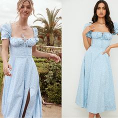 'Tallulah's Crisp Fresh Look Has Everyone Dreaming Of Those Garden Parties And Summer Trips. This Is Literally My Go To Dress For Picnics. Its Cut From A Stretch Cotton Poplin For A Fresh Feel And Is Decorated With A Pretty Blue And Ivory Floral. The Bodice Has Corsetry Boning To The Front, Back And Sides For That Perfect Cinched Hourglass Shape And The Lightly Shaped Cups Are Lined For A Comfortable Fit. The Pretty Puff Sleeves Add To The Fun And Floaty Vibe Of 'Tallulah' And Absolutely Love Th Fitted Light Blue Puff Sleeve Dress For Spring, Blue Puff Sleeve Dress For Spring Garden Party, Light Blue Puff Sleeve Dress For Garden Party, Blue Fitted Puff Sleeve Dress In Feminine Style, Feminine Fitted Blue Puff Sleeve Dress, Feminine Blue Fitted Puff Sleeve Dress, Blue Feminine Puff Sleeve Dress, Elegant Light Blue Puff Sleeve Summer Dress, Corset Midi Dress