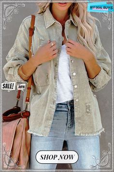 Casual Ripped Buckle Long Sleeve Loose Denim Jacket(4 Colors) Casual Khaki Long Sleeve Denim Jacket, Casual Khaki Denim Jacket, Khaki Denim Jacket With Pockets For Fall, Casual Khaki Button-up Denim Jacket, Long Sleeve Washed Denim Jacket For Day Out, Casual Khaki Denim Outerwear, Casual Long Sleeve Distressed Denim Jacket, Trendy Long Sleeve Khaki Denim Jacket, Casual Ripped Denim Jacket For Fall