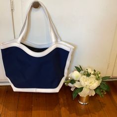 This Bag Is Brand New - Navy Blue And White Tote. Chic Blue Rectangular Canvas Bag, Chic Blue Canvas Bag With Large Capacity, Chic Blue Canvas Bag For Shopping, Blue Satchel Canvas Bag For Summer, Chic Large Capacity Blue Canvas Bag, Chic Blue Canvas Shoulder Bag, Blue Canvas Bag With Leather Handles For Shopping, Casual Blue Canvas Bag With Leather Handles, Blue Canvas Tote Beach Bag