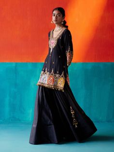 Aman Takyar | Black Embroidered Kurta And Sharara Set | INDIASPOPUP.COM Kurta And Sharara Set, Kurta And Sharara, Black Kurta, Kurta Sharara Set, Kurta Sharara, Anarkali Dress Pattern, Applique Work, Kurta Designs Women, Embroidered Dupatta