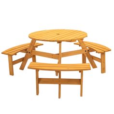 a wooden picnic table with four benches