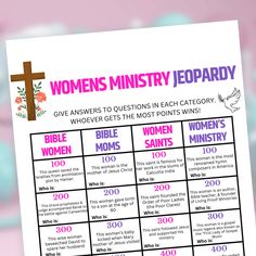 the women's history jeopardy game is shown in pink and purple with flowers on it