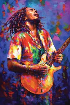 a painting of a man with dreadlocks playing an electric guitar in colorful colors