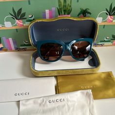 Authentic Gucci Sunglasses / Gg04685 005 57019-140 / Color Blue And Gold/ Brand New / Case And Dust Bag Included/ Perfect Condition Designer Blue Sunglasses With Gradient Lenses, Trendy Blue Gucci Sunglasses, Gucci Blue Sunglasses With Gradient Lenses, Blue Gucci Sunglasses With Gradient Lenses, Designer Blue Sunglasses For Formal Occasions, Gucci Sunglasses, Gold Branding, Gucci Accessories, Blue And Gold