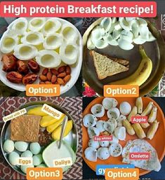 there are many different types of breakfast foods on this plate, including eggs, almonds, and bread