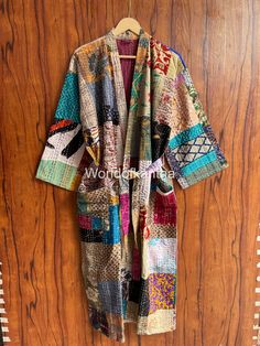 Message us for Custom/Wholesale/Bulk Order inquiries... Product Description:- Assorted Patchwork Cotton Kantha Kimono with 2 Side Pockets and Cotton Belt Cotton Kantha Kimono made From Hand Stiched Kantha Fabric.It is hand Stitched fabric using natural dyes. Kantha is a simple hand embroidery of a running stitch that combines pieces of cloth. In Traditional India & Bangladesh most women gather to spend time together and create art in forms of their work while also generating money for their fami Bohemian Patchwork Winter Kimono, Bohemian Winter Patchwork Kimono, Winter Bohemian Patchwork Kimono, Vintage Multicolor Patchwork Kimono, Winter Vintage Kimono With Patchwork, Embroidered Multicolor Kimono For Winter, Embroidered Multicolor Winter Kimono, Winter Multicolor Embroidered Kimono, Handmade Long Multicolor Kimono