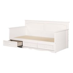 a white bed with two drawers and a mattress on the bottom shelf next to it