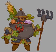 an image of a cartoon character holding a caulder full of vegetables and plants