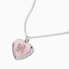 Claire's Pink Embellished Initial Glitter Heart Locket Necklace - M Heart Charm Necklace For Friendship, Heart Shaped Charm Necklace For Best Friend, Valentine's Day Heart Charm Necklace For Friendship, Heart-shaped Friendship Charm Necklaces, Heart Locket Necklace For Best Friend, Heart Shaped Locket Necklace For Best Friend, Heart-shaped Locket Necklace For Best Friend, Personalized Pink Heart Pendant Jewelry, Pink Heart-shaped Personalized Jewelry Gift