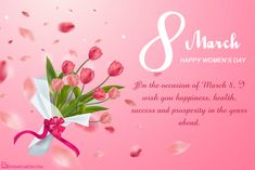 happy women's day greeting card with pink tulips and rose petals on a pink background