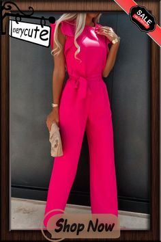 Elegant Ruffle Sleeve Tie-up Jumpsuits Women Casual Wide Legger Pants Solid Playsuits Summer Fashion O-neck Office Party Rompers Party Solid Color Overall Jumpsuits And Rompers, Party Overall Jumpsuits And Rompers In Solid Color, Party Overalls And Jumpsuits In Solid Color, Party Jumpsuits And Rompers In Solid Color, Solid Color Party Overalls, Pink Solid Color Jumpsuits And Rompers For Spring, Spring Party Solid Color Jumpsuits And Rompers, Spring Party Jumpsuits And Rompers In Solid Color, Summer Pink Party Pantsuit