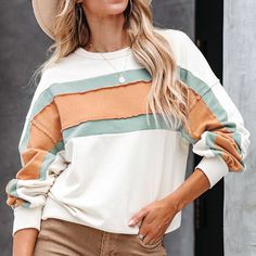 Striped Stitching Contrast Color Long Sleeves Sweater – OKArtPrints Sleeves Sweater, Korean Casual, Kombucha, Long Sleeve Sweater, Contrasting Colors, Casual Style, Jogging, Porter, Types Of Sleeves