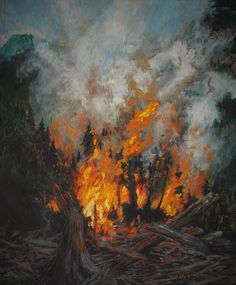 an oil painting of a fire in the woods