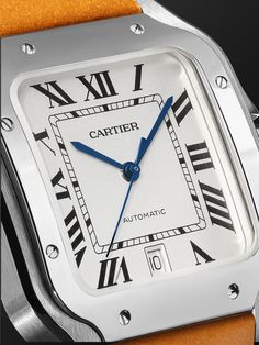 EXCLUSIVE AT MR PORTER. Mr Louis Cartier designed the label's first 'Santos' watch in 1904, granting Brazil's 'Father of Flight' Mr Alberto Santos-Dumont's wish to be able to check the time while flying. This version of the handsome squared timepiece has been expertly crafted in Switzerland from polished stainless steel and features the style's signature exposed screws. It also boasts the jeweller's innovative 'QuickSwitch' feature, meaning you can easily swap the chain link bracelet for the ex… Cartier Collection, Brown Leather Strap Watch, Jewelry Gift Guide, Latest Watches, Cartier Santos, Rubber Watches, Light Brown Leather, Cartier Watch, Brown Leather Strap