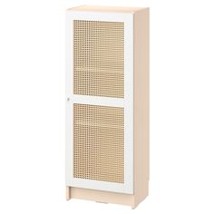 a white cabinet with perfored doors on the front and side panels in beige