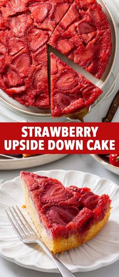 strawberry upside down cake on a plate with a slice cut out and ready to be eaten