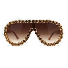 Here is a pure maximalist bling shade. Super glitzy large crowned rhinestone trim will give you maximum sparkle on your face. Classical retro oversized mobster style flat top racer shield silhouettes will add to the boldness. UV400 polycarbonate lenses will give you the maximum protection. (b199) Size: 5 15/16" (151mm) x 2 1/2" (63mm).  Color: Brown.  Gender: male.  Age Group: adult. Shield Sunglasses, Rhinestone Trim, Flats Top, Fashion Flats, Cloth Bags, Sunglasses Accessories, Age Group, Lenses, Bag Accessories