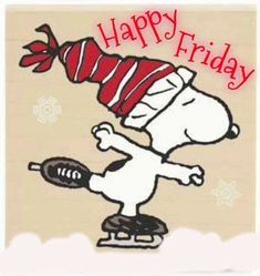 a happy friday card with a cartoon character on a skateboard wearing a hat and scarf