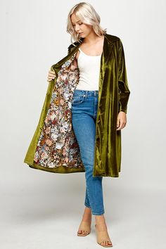 Long velvet button up duster jacket. 95% Polyester 5% Spandex Duster Outfit, Paint With Water, Velvet Duster, Velvet Cardigan, Floral Duster, Wrapping Paper Rolls, Scratch Off Cards, Silk Coat, Longline Coat