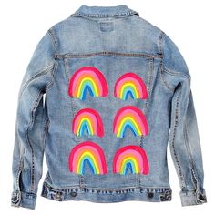 Denim INK CatCoq Artwork on Denim Jacket Rainbow Design Multicolor Denim Outerwear With Patches, Multicolor Denim Outerwear With Graphic Print, Multicolor Graphic Print Denim Jacket, Multicolor Graphic Print Long Sleeve Denim Jacket, Artistic Cotton Outerwear With Graphic Print, Multicolor Denim Jacket With Graphic Print, Fall Multicolor Denim Jacket With Graphic Print, Multicolor Graphic Print Denim Jacket For Fall, Multicolor Denim Jacket With Graphic Print For Fall