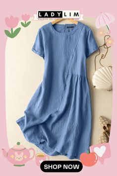 Solid Short Sleeve Crew Neck Casual Dress for Women Dresses With Pockets Casual, Dress With Sleeves Casual, Everyday Dresses Casual, Best Casual Dresses, Sundress Casual, Mode Kimono, Womens Long Dresses, Women Design, Traje Casual