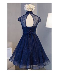 Shop cheap retro a-line high neck knee-length homecoming dress with lace online. Custom-made any plus size or color. Pro since 2009. Blue Homecoming Dresses Short, High Neck Homecoming Dresses, Vintage Homecoming Dresses, Navy Homecoming Dress, Navy Blue Homecoming Dress, Knee Length Prom Dress, Homecoming Dresses For Teens, Homecoming Dress Short, Blue Homecoming Dresses