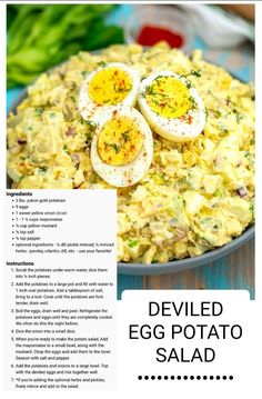 deviled egg potato salad recipe on a blue plate