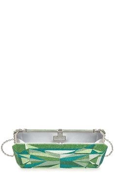 Judith Leiber slim rectangle clutch in emerald. 100% Crystal Length: 7.25" Height: 5" Depth: 1.5" Made in Italy Luxury Green Rectangular Clutch, Green Rectangular Clutch For Events, Green Rectangular Evening Clutch, Modern Green Evening Clutch, Handbag Heaven, Judith Leiber, Coin Purse, Emerald, In Italy