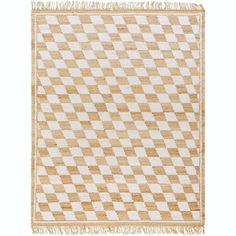 a beige and white checkered rug with fringes