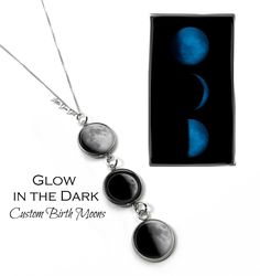 "Glowing Custom Birth Moon® necklace is personalized just for you or your loved one! The glow in the dark moon has a luster finish which makes the moon appear to shimmer magically! Tell us a date that is special to you (birthday, anniversary, adoption, memorial, etc) and we'll create a moon phase charm from that night. This necklace can have 1, 2, 3 or 4 moons - perfect for mom for Mother's day for each kid's birthday. IT GLOWS IN THE DARK: We've used a very high quality long lasting glow mixtur Engraved Moon Shaped Anniversary Necklace, Engraved Moon Shaped Necklace For Anniversary, Engraved Moon Necklace For Gift, Full Moon Pendant, Glow In The Dark Full Moon Necklace, Moon Jewelry, Moon Necklace, Moon Phases, Snake Chain