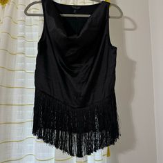 Gorgeous Black Satin Drape Scoop Neck Tank With Wide Straps New With Tags Size S, Easily Fits A M Gorgeous For Under A Blazer Or Cardi Sleeveless Fringe Tops For Night Out, Black Fringe Top For Night Out, Sleeveless Black Top With Fringe, Fitted Fringe Tops For Evening, Fitted Fringe Tops For Night Out, Satin Cami, Rachel Zoe, Wide Straps, Black Satin