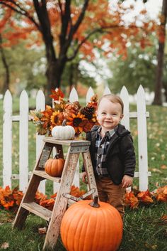 a little boy standing next to a wooden ladder with pumpkins on it