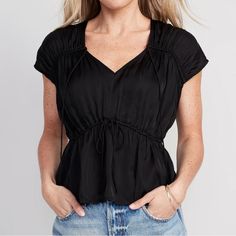 Waist-Defined Satin Shirred Tie-Front Blouse - Black Black V-neck Rayon Blouse, Black Rayon Short Sleeve Tops, Black Short Sleeve Rayon Top, Black Rayon V-neck Blouse, Rayon Tops For Spring Night Out, Chic Black Rayon Blouse, Spring Rayon Tops For Night Out, Rayon Tops For Night Out In Spring, Chic Black Rayon Top