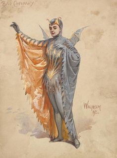 a drawing of a woman in costume with an orange cape and gold crown on her head