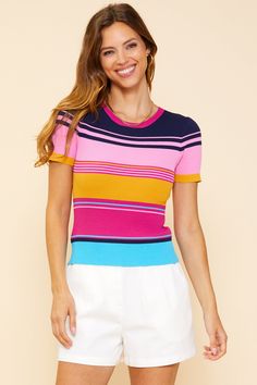 Brighten the season with this short-sleeve knit top patterned with multicolor stripes. It's ribbed and stretchy, done in a fitted, figure-hugging shape. •Crew neckline •Short sleeves •Fitted Item Number: 45162 Knit Top Patterns, Blue Weave, Striped Knit, Top Pattern, Striped Shorts, Peplum Top, Knit Top, Short Sleeves, Stripes