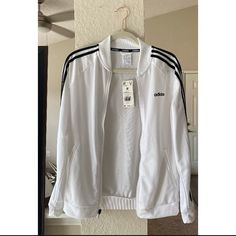 White Adidas Track Jacket. Black Stripes. Nwt! White Casual Track Jacket For Fall, Classic White Long Sleeve Track Jacket, White Long Sleeve Casual Track Jacket, White Sporty Track Jacket For Spring, Sporty White Track Jacket For Spring, Casual Fitted White Track Jacket, White Fitted Casual Track Jacket, Adidas White Track Jacket For Fall, Adidas Casual White Track Jacket