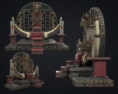 three different views of an elaborately designed machine