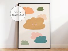 a poster with the words digital download on it next to a white wall and wooden floor