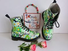 I have a selection of more than 500 pair of RARE, VINTAGE Dr Martens boots. Please visit my SHOP to check out my other DOCs. I will be listing new ones every day.  Dr Doc Martens Pascal 1460 green acid slime floral flowers boots UK 3 EU 36 US 5 Let me know in case you have any questions Vintage Summer Boots With Round Toe, Trendy Green Lace-up Boots, Summer Green Boots With Round Toe, Green Round Toe Summer Boots, Multicolor Floral Print Boots For Summer, Casual Floral Print Boots With Round Toe, Casual Green High-top Boots, Multicolor Floral Print Summer Boots, Casual Floral Print Round Toe Boots