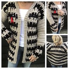 a woman wearing a black and white crochet cardigan with red heart on it