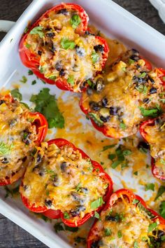 stuffed bell peppers in a casserole dish with cheese and cilantro garnish