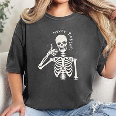 Halloween Skeleton Shirts make a statement and make people smile! These colorful shirts are thoughtful gifts and will be a big hit with friends, co-workers, and family. T-SHIRT:  COMFORT COLORS 1717® *Unisex sizing (size chart for your ideal fit) *100% ring-spun cotton *Preshrunk, soft-washed, garment-dyed fabric *Double-needle stitching for durability & shape retention *Twill taped shoulder-to-shoulder *1" ribbed collar with double-needle topstitched neckline *No side seams *Sewn-in twill label Skeleton Shirts, Skeleton Tshirt, Never Better, People Smile, Comfort Colors Tshirt, Skeleton Shirt, Vintage Fall, Halloween Skeleton, Funny Sarcastic