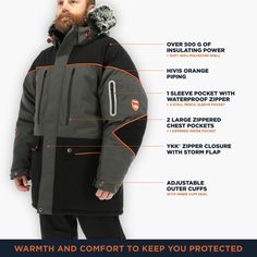 The PolarForce Insulated Parka for Men with Detachable Hood is exactly what you need to work in extreme winter climates. Whether you're outdoors in negative temperatures or dealing with industrial freezer machines, this jacket can provide you with protection and warmth in any frigid environment. The 500 g of insulation power keeps you warm in any weather, while the detachable hood (with removable fur trim) keeps your headspace comfortable. This winter jacket for men fits a range of sizes, from s Waterproof Winter Parka For Outdoor Work, Winter Windproof Parka For Outdoor Work, Black Insulated Hooded Parka, Black Hooded Insulated Parka, Functional Black Parka For Outdoor, Functional Black Parka For Outdoor Work, Black Waterproof Outerwear For Protection, Black Functional Outerwear For Protection, Functional Weatherproof Parka For Outdoor Work